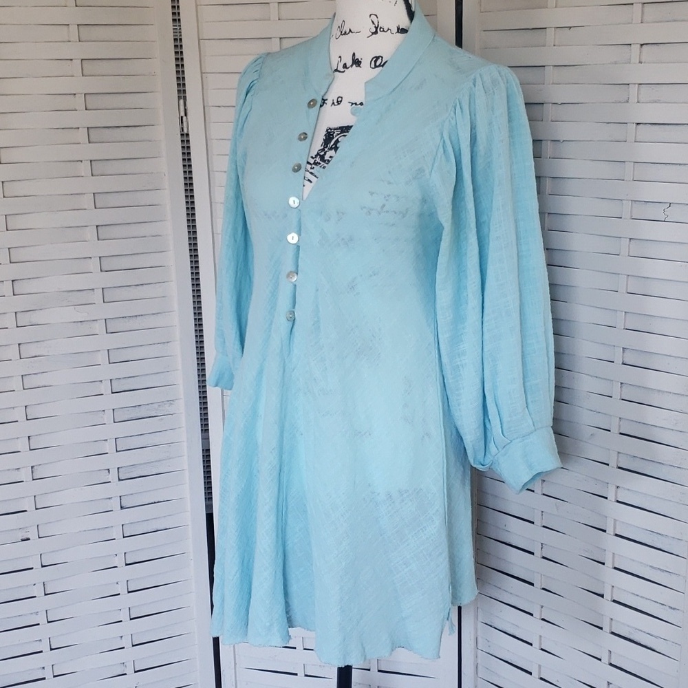 Jen's Pirate Booty blue half button down wide cuff sleeves mini dress size S